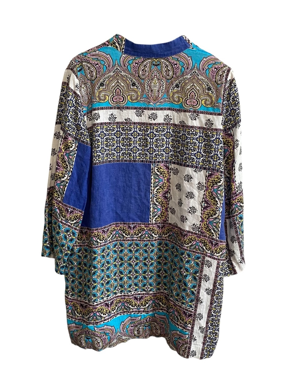 Chico's Linen Patchwork Colorful Paisley Short Sleeve Kimono Topper Top 1/M - Picture 6 of 6
